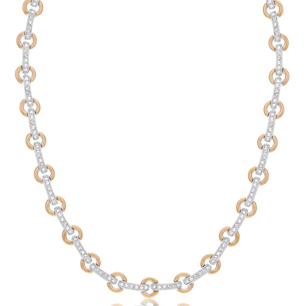 Two Tone-Silver Pave Crystal Link Necklace With Gold & “O” Stations